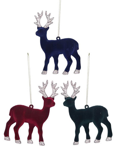 3 Christmas tree Ornaments Flocked Reindeer with Glitter