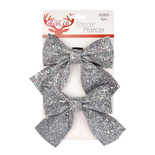 Silver Glitter Christmas Bows - Pack Of 2