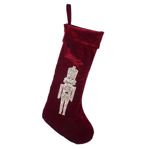 Burgundy Velour Christmas Stocking Nutcracker