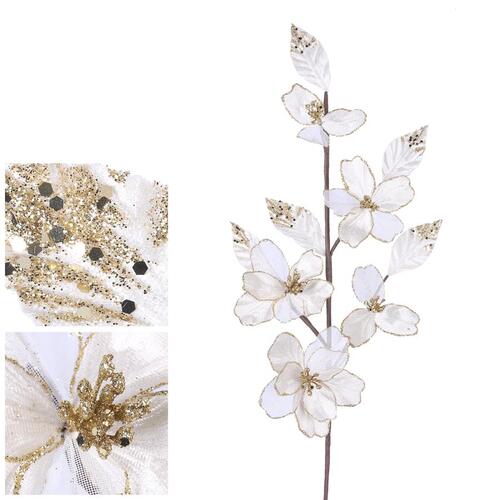 Ivory Champagne Glitter Blossom Leaf Pick 60cm