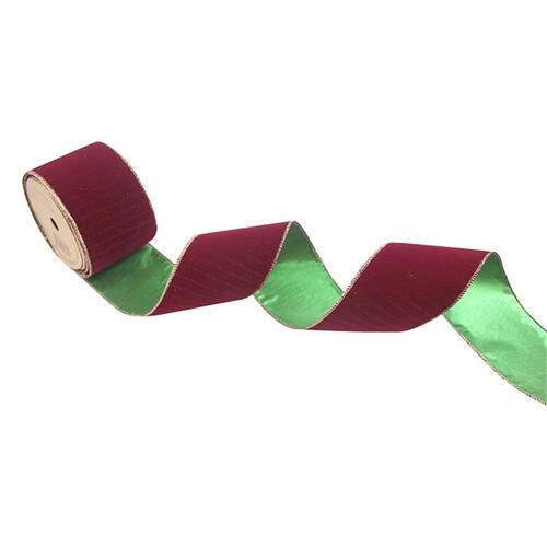 Burgundy Green Velour Double Sided Wire Edge Ribbon 10m