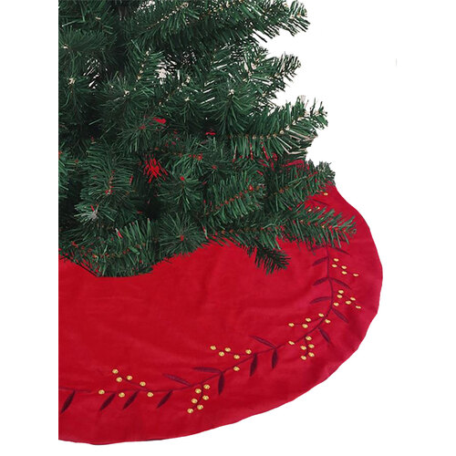 Christmas Tree Skirt RED Berry Velvet Embroidery - 120cm