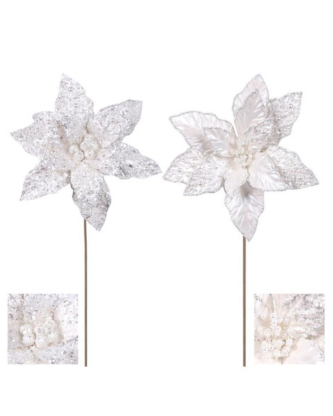 White Poinsettia Flower Pick 2 Pack 25cm