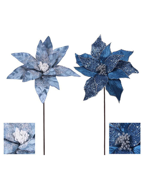 Denim Blue Poinsettia Flower Pick 2 Pack 32cm