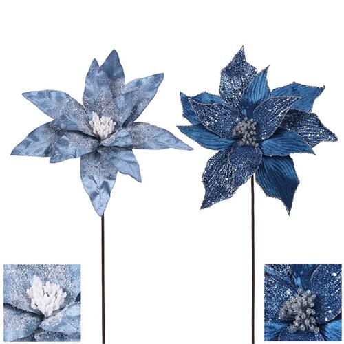 Denim Blue Poinsettia Flower Pick 2 Pack 32cm