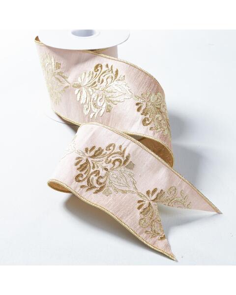 Blush PINK Dupion Ribbon With CHAMPAGNE Metallic Embroidery