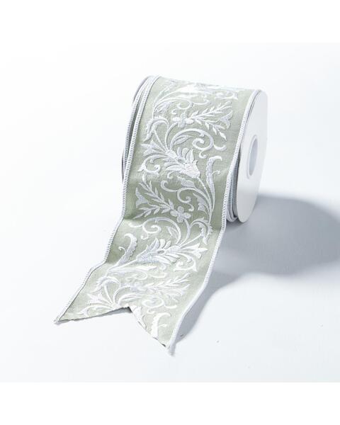MINT Dupion Ribbon With White Leaf Emroidery