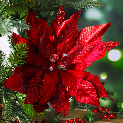 Red Flower with Glitter Christmas Pick 27cm