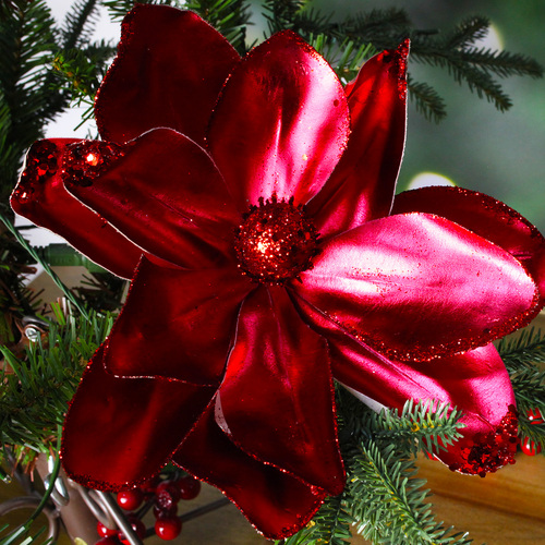 Red magnolia Christmas Tree Pick 50cm