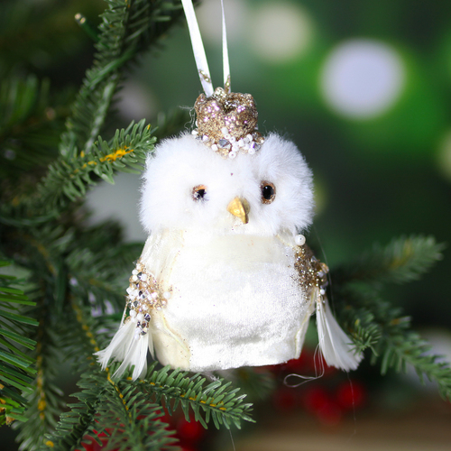 White Owl with Crown Hanging Ornament 10cm